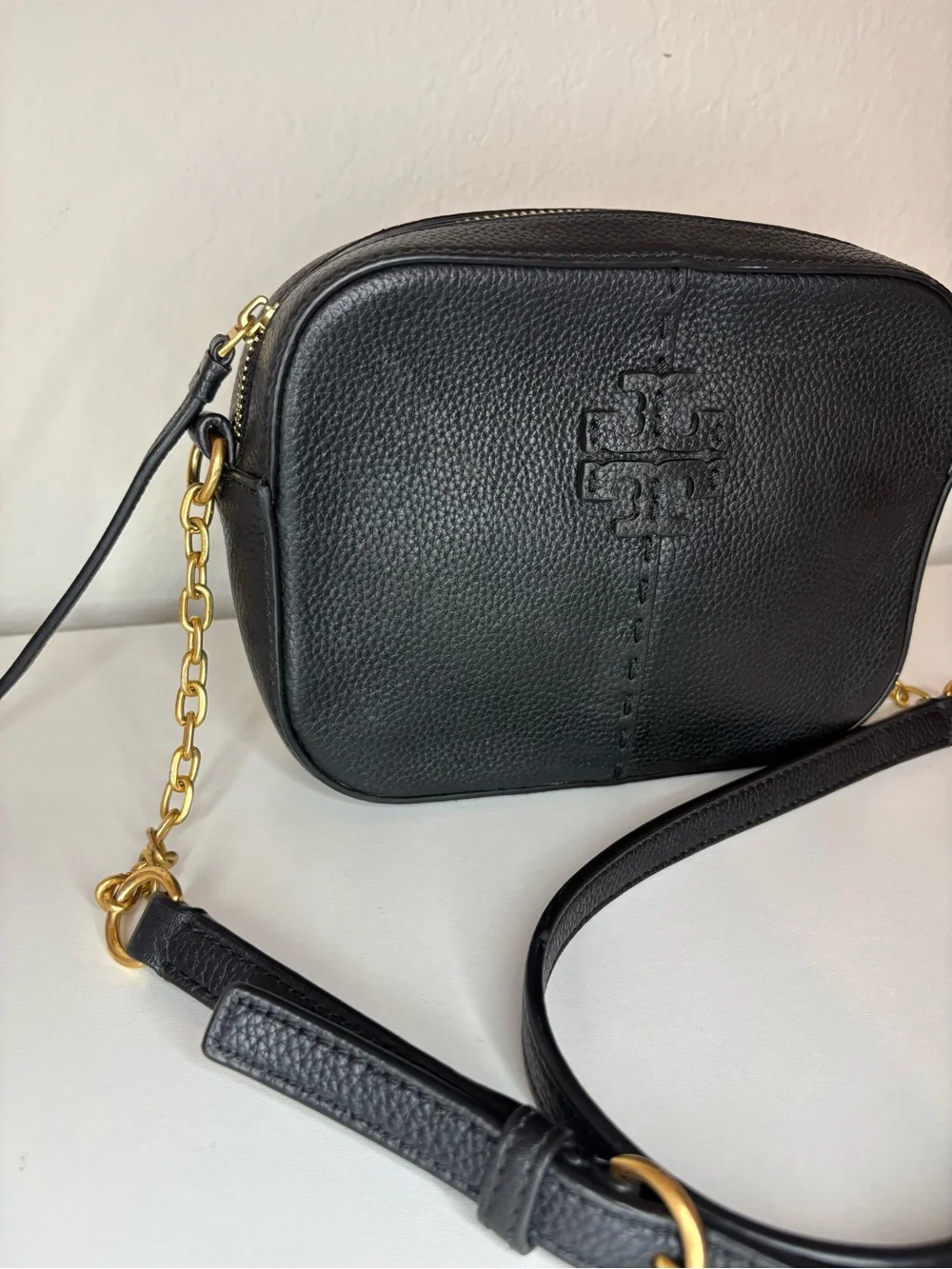 Tory Burch Black Pebbled Leather McGraw Camera Crossbody Bag gold hardware